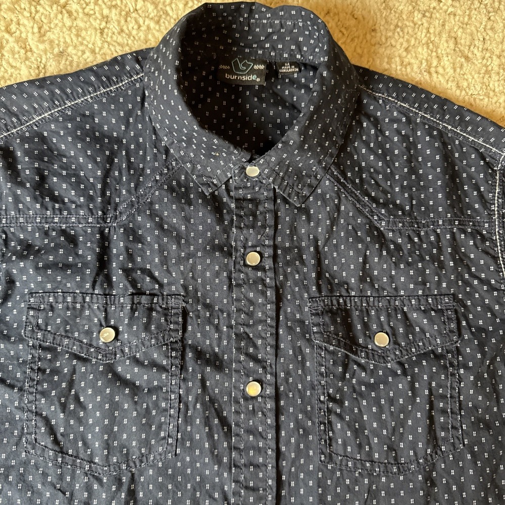 Burnside Shirt Adult Medium Navy Blue Pearl Snap‎ Button Up Short Sleeve Men's